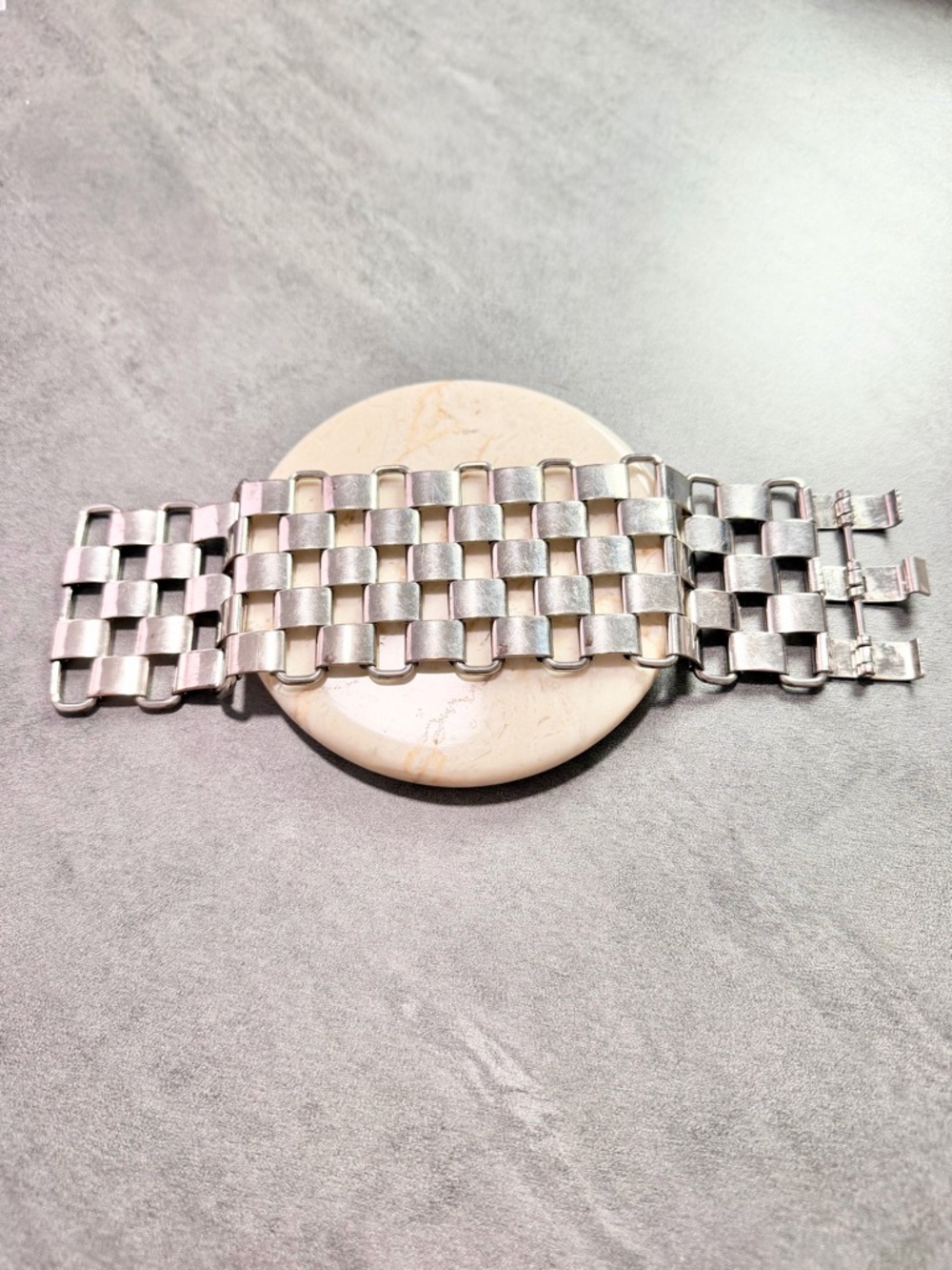 Vintage Wide Silver Tone Metal Bracelet Checker Board Three Fold Over Clasp